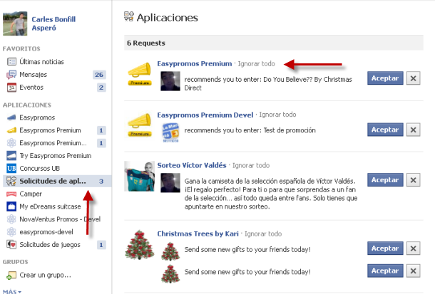 Zona de invitaciones de aplicaciones de Facebook