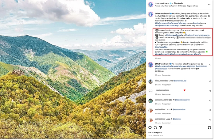 ejemplo de sorteo en Instagram para promocionar un viaje o región