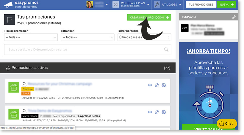 panel de control con boton crear nueva