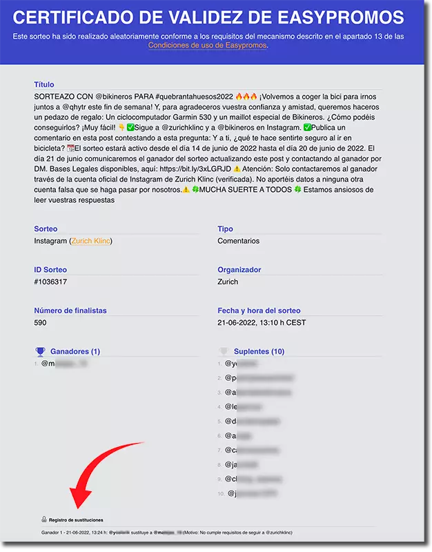 certificado de validez con substituciones de ganadores