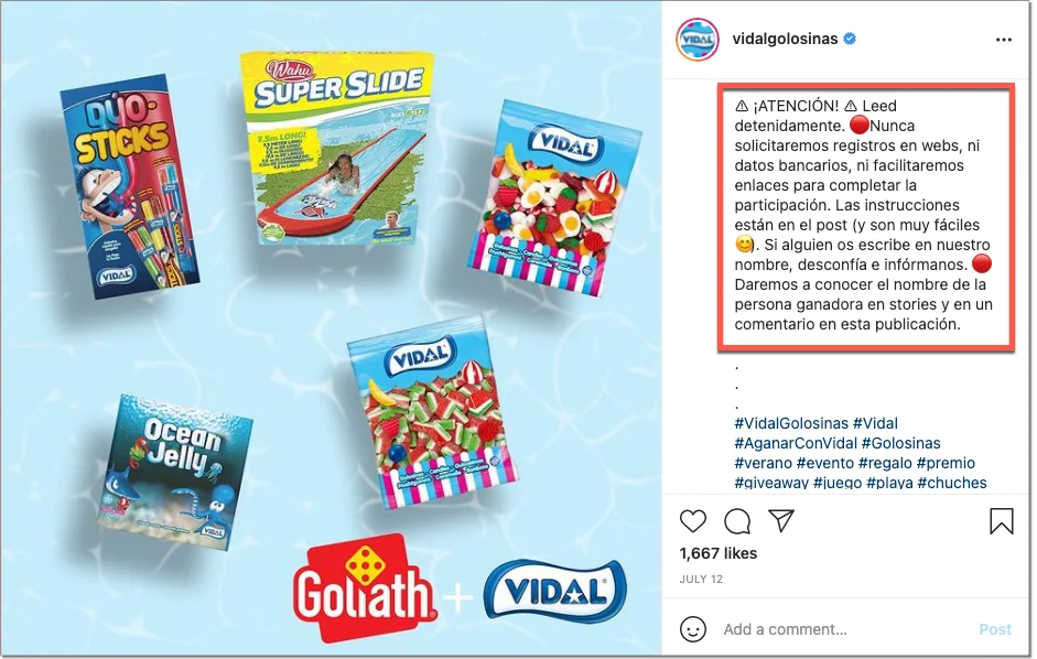 mensaje atención anti fishing cuenta Instagram que hace sorteos