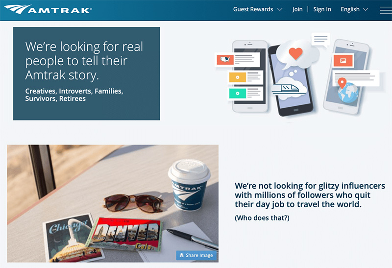 ejemplo concurso de influencers Amtrak