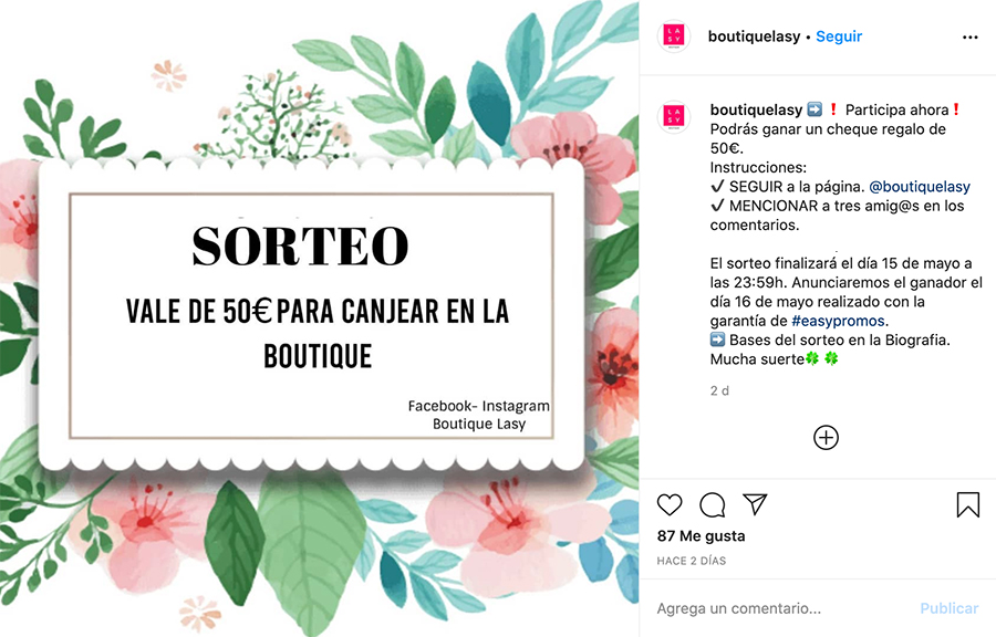 ejemplo de un sorteo en instagram de vale descuento