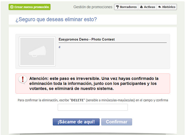 Easypromos - Eliminar promocion