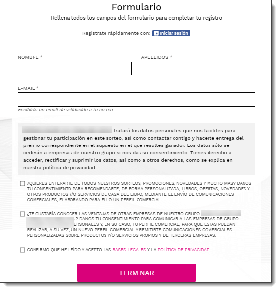 formulario captacion datos sorteo registro