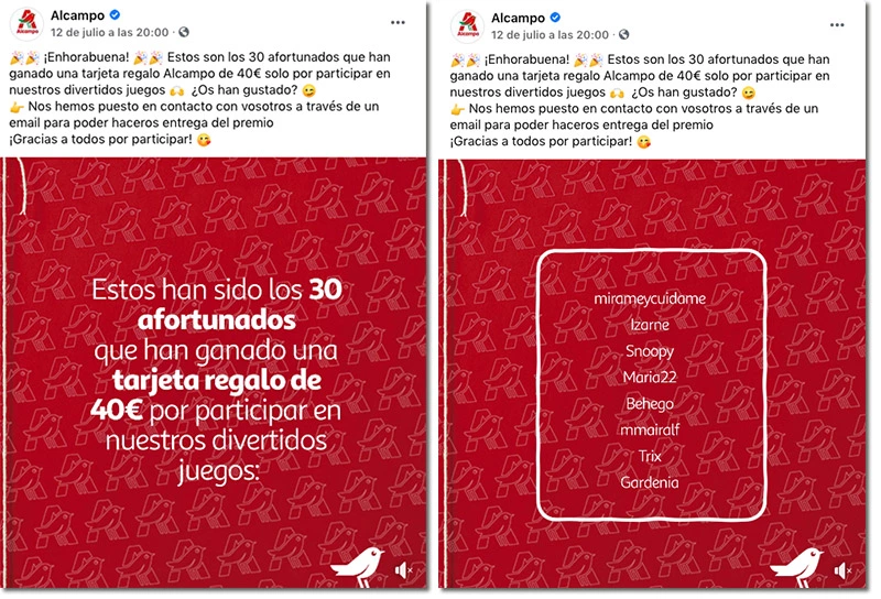publicación de los ganadores de la promoción de Alcampo