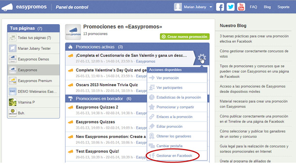 Easypromos - Gestionar en facebook