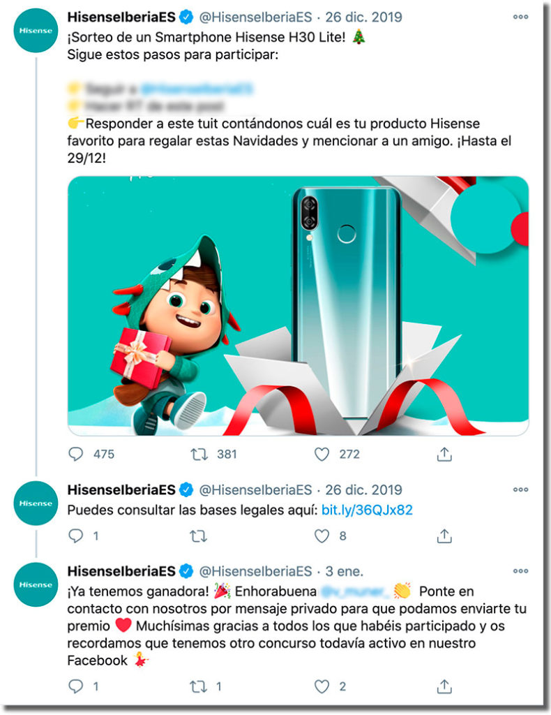 ejemplo de sorteo en Twitter de Navidad de Hisense