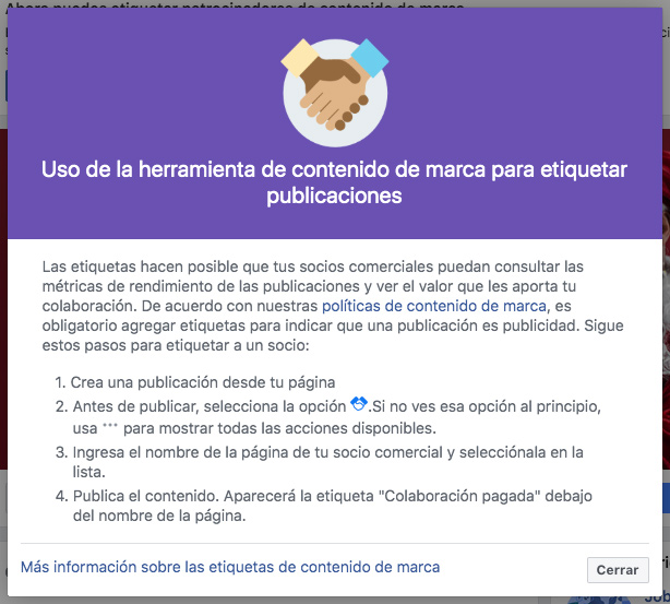 información de facebook para gestionar contenido de marca para etiquetar publicaciones