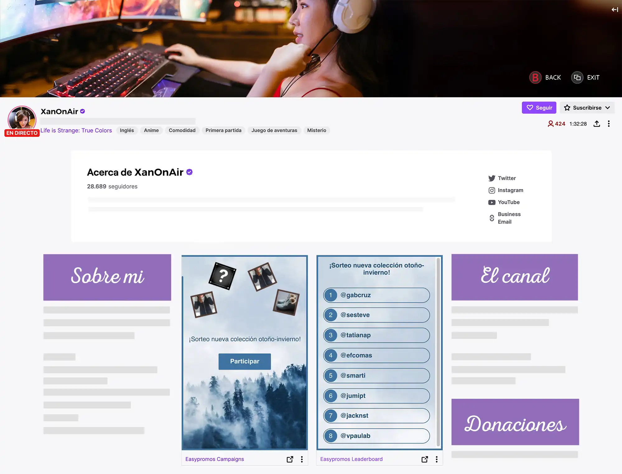 promociones y sorteos en Twitch, ejemplo en About de un canal