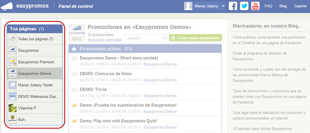 Easypromos - Listado de paginas de Facebook
