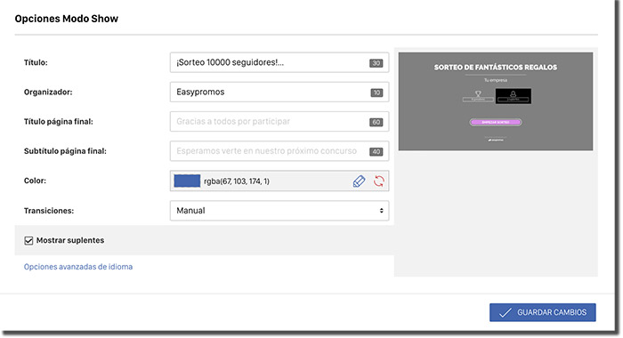 página para configurar el modo show