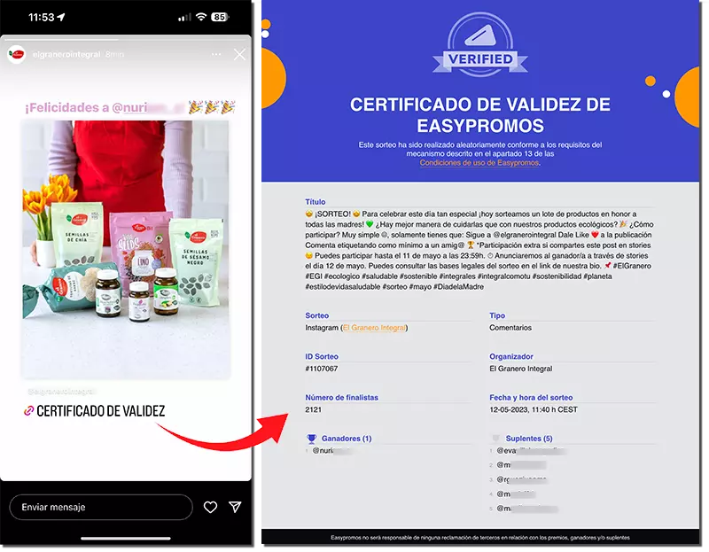 muestra de certificado de validez de un sorteo en Instagram