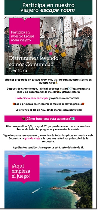newsletter de Casa del Libro anunciando su escape room virtual