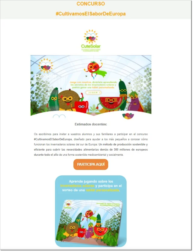 newsletter difusión juego CuteSolar a escuelas