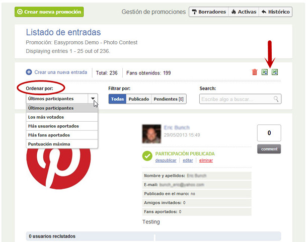 Easypromos - Lista entradas