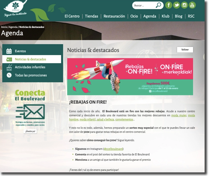 difusión de la campaña de rebajas en la web de CC El Boulevard