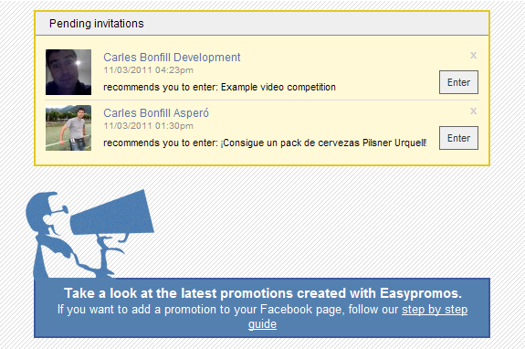 Invitaciones a promociones pendientes dentro de Easypromos