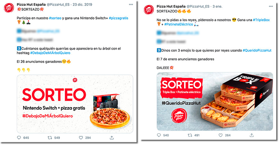 ejemplos de sorteos de Navidad en Twitter de Pizza Hut