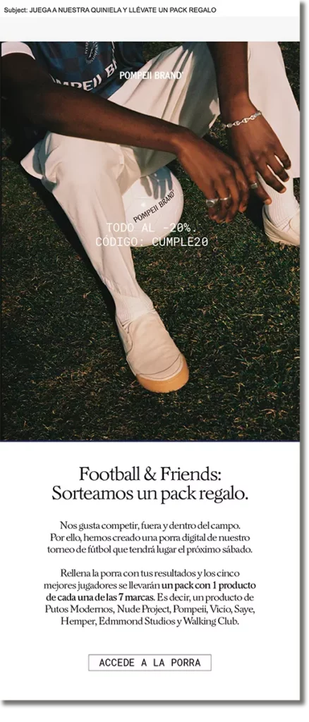 Ejemplo de email de Pompeii Brand para difundir una promoción