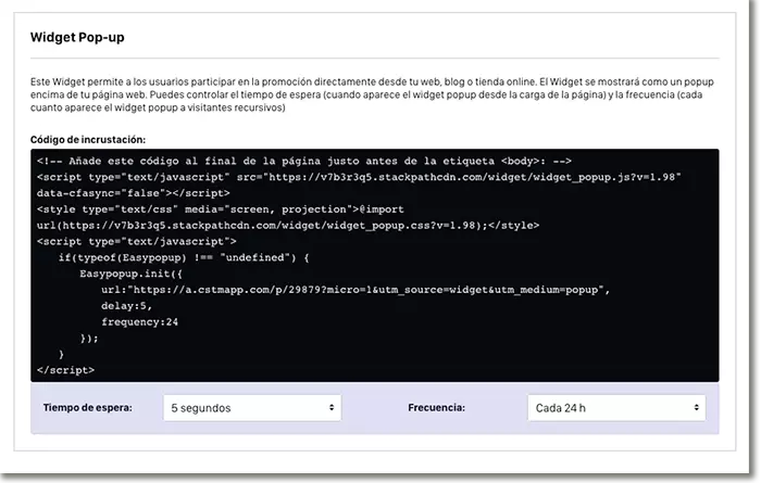 Ejemplo de código para configurar un widget popup desde Easypromos
