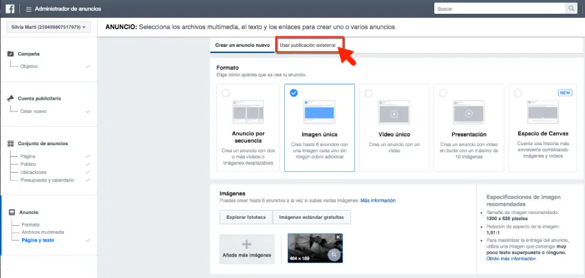 facebook ads publicacion-existente