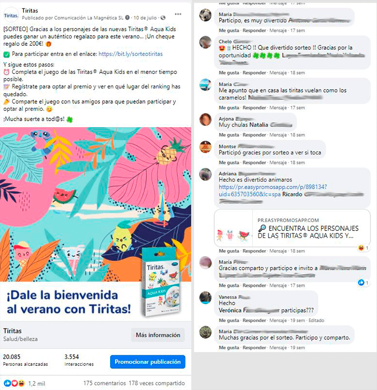 comentarios post facebook juego Tiritas