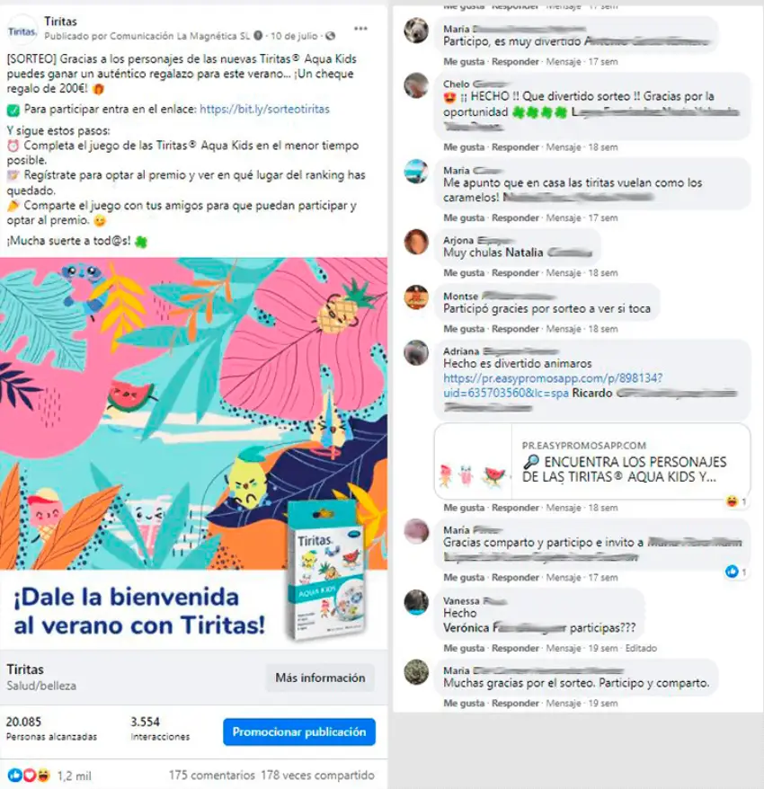 comentarios post facebook juego Tiritas