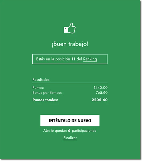 puntuación y posición al final un juego del tipo slide & match