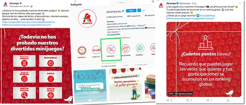 recordatorios en redes sociales del múltijuego de Alcampo