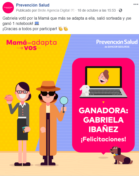 Ejemplo de publicación del resultado de un sorteo para celebrar el día de las mamás