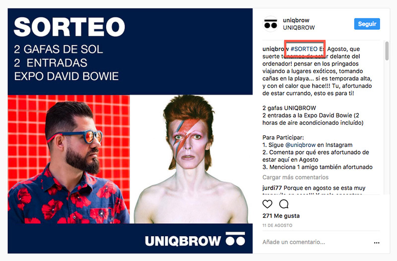 Ejemplo de cómo promocionar un sorteo en Instagram usando el hashtag #sorteo