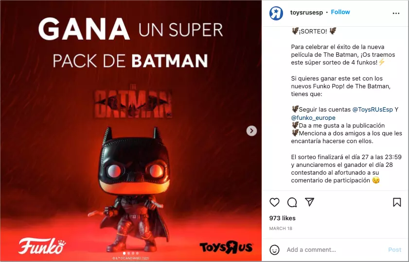 sorteo en Instagram con motivo estreno serie televisión o pelicula