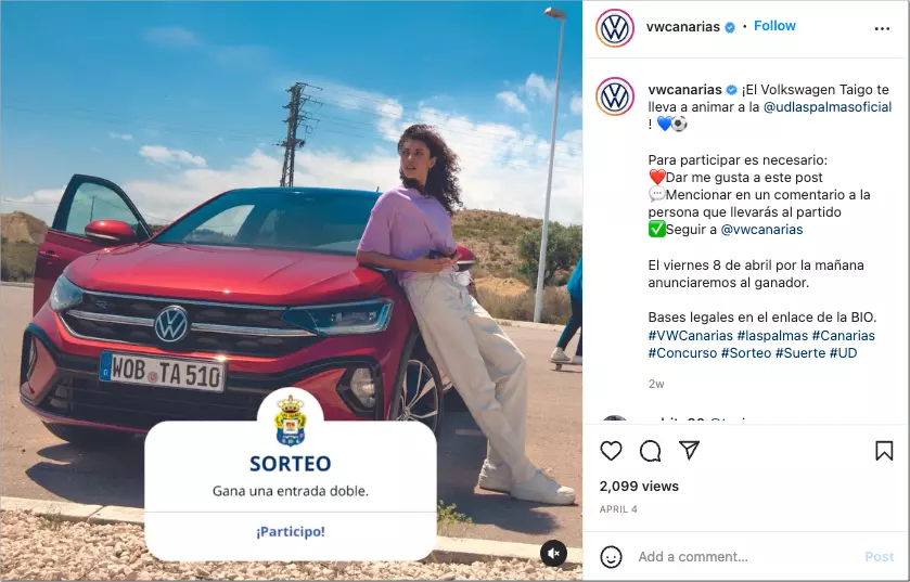 sorteo en instagram concesionario local con entradas evento deportivo