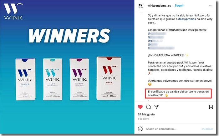 ejemplo de sorteo realizadoa través de una app de sorteos en Instagram con certificado de validez