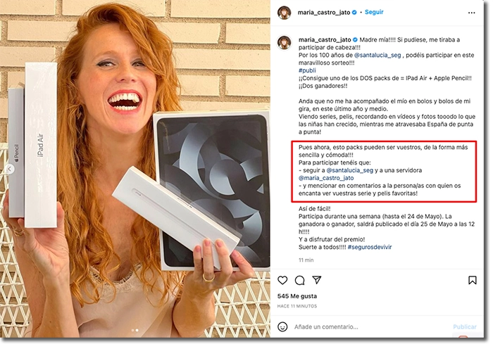 ejemplo de sorteo en Instagram con influencer