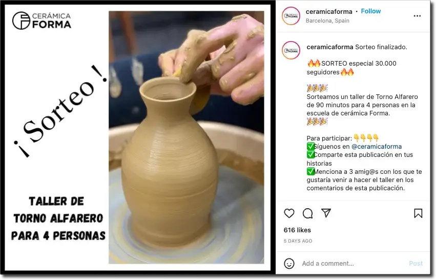 sorteo en Instagram de una actividad o taller