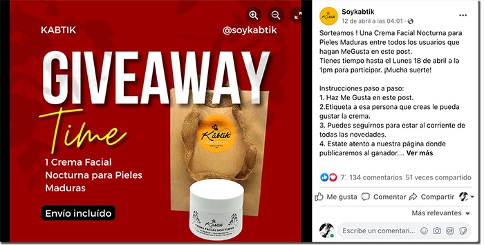 ejemplo de sorteo de "me gusta" en Facebook