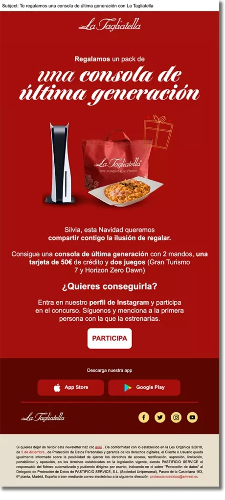 difundir un sorteo con una newsletter: ejemplo Tagliatella