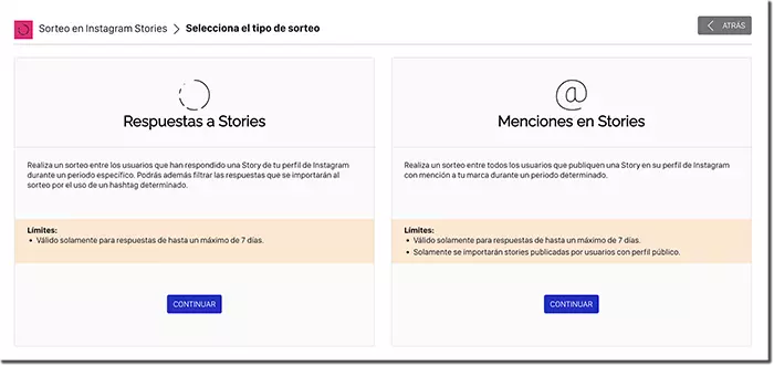 Selector del panel de Easypromos con las dos dinámicas para los sorteos en IG Stories