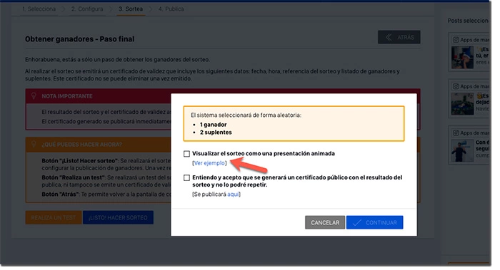 opción para hacer el modo show en directo
