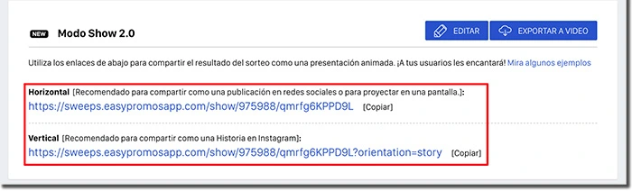 url para compartir el video de los ganadores de tu sorteo