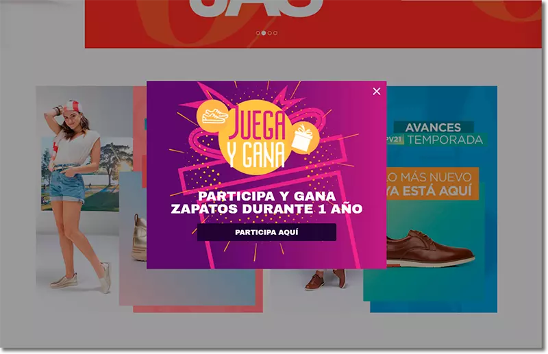 ejemplo de widget popup de una tienda online de zapatos